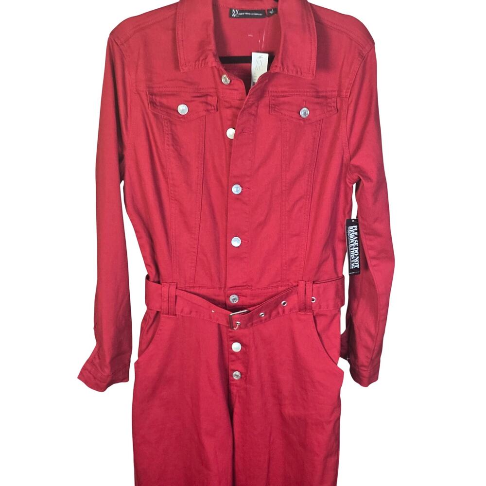 New York & Company Red Denim Jumpsuit Belted Long Sleeve Utility Boiler Suit